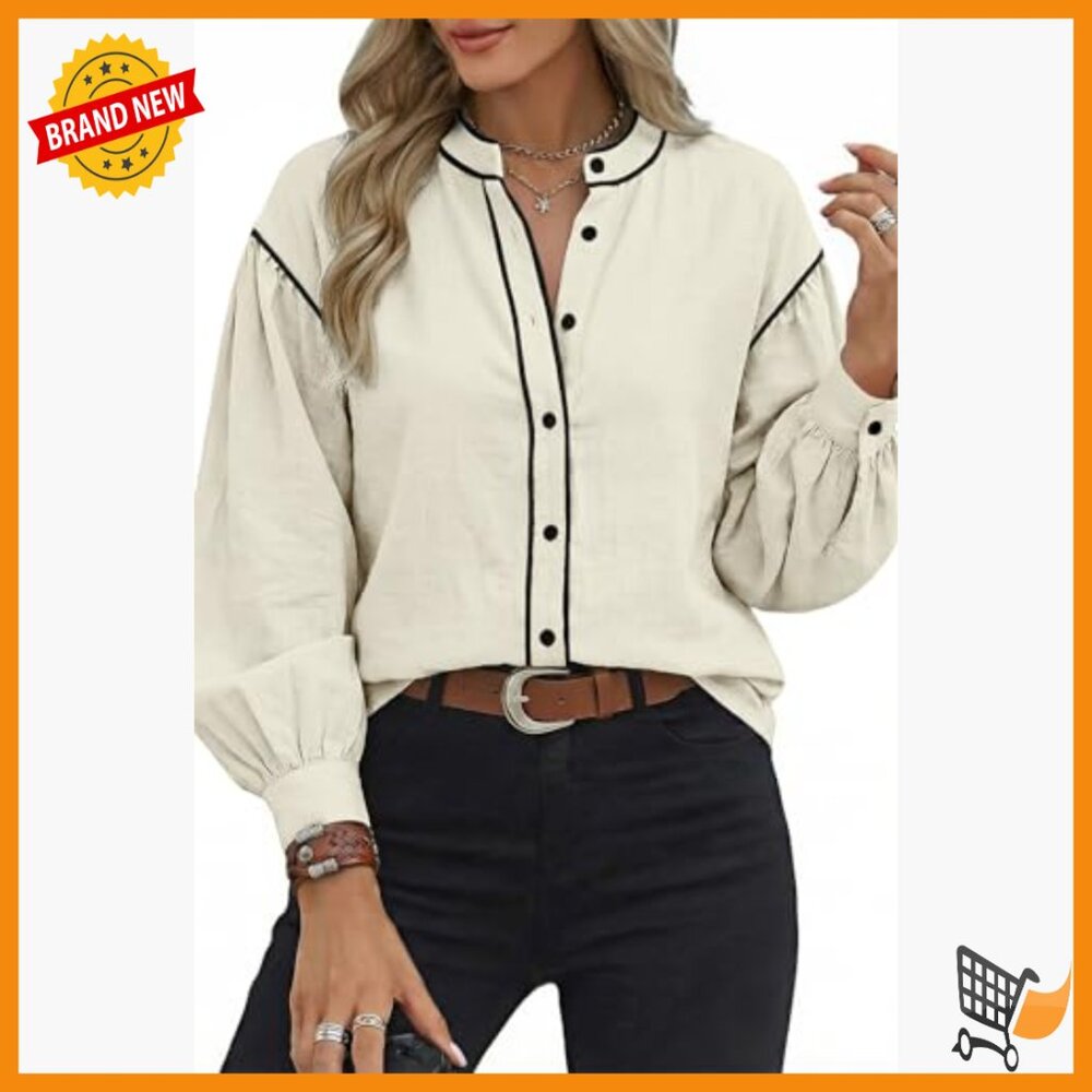Cotton Blend Button Down Blouse Lantern Sleeves Regular Fit Office Casual - Picture 4 of 7
